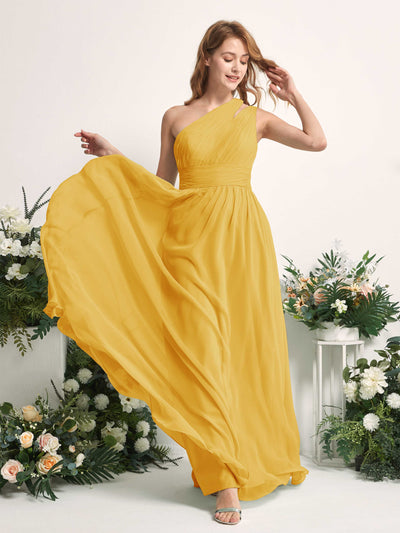 Carlyna Evelyn A-Line Mustard Yellow Bridesmaid Dress Maxi Sleeveless One Shoulder Dress Side View 2 #color_mustard-yellow