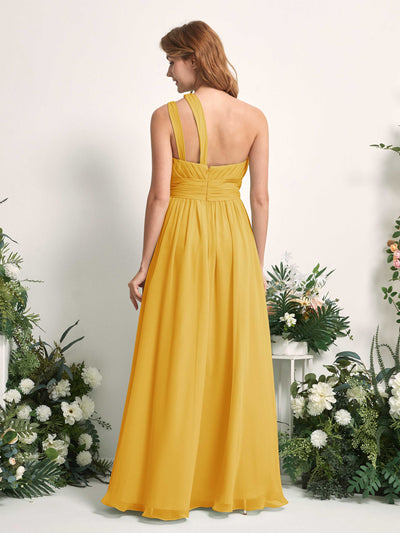 Carlyna Evelyn A-Line Mustard Yellow Bridesmaid Dress Maxi Sleeveless One Shoulder Dress Back View #color_mustard-yellow