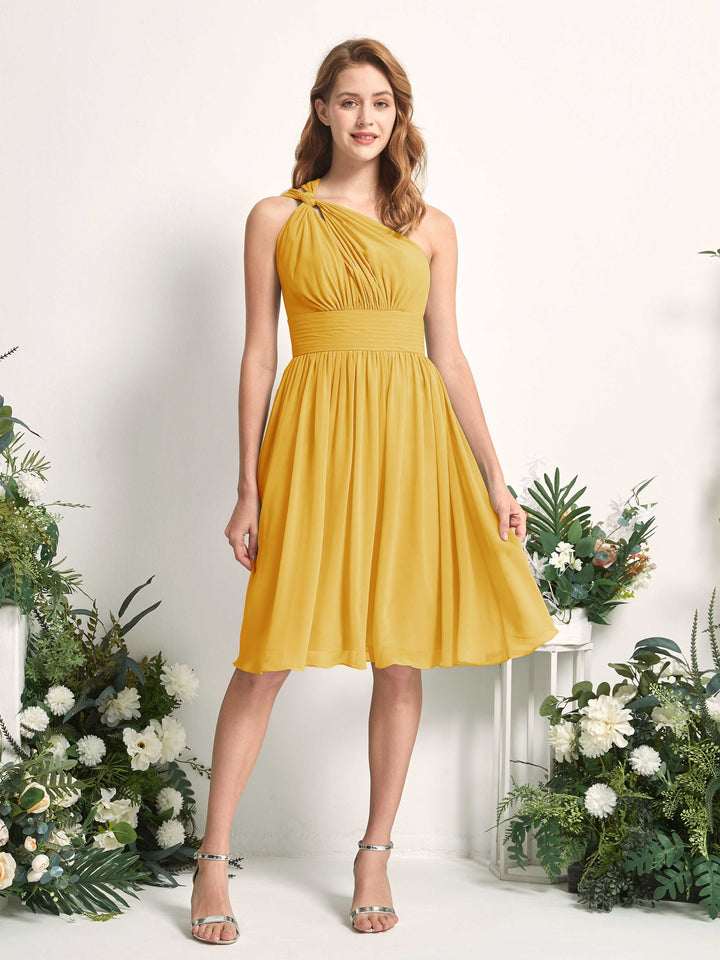 Bridesmaid Dress A-line Chiffon One Shoulder Knee Length Sleeveless Wedding Party Dress - Mustard Yellow (81221233)