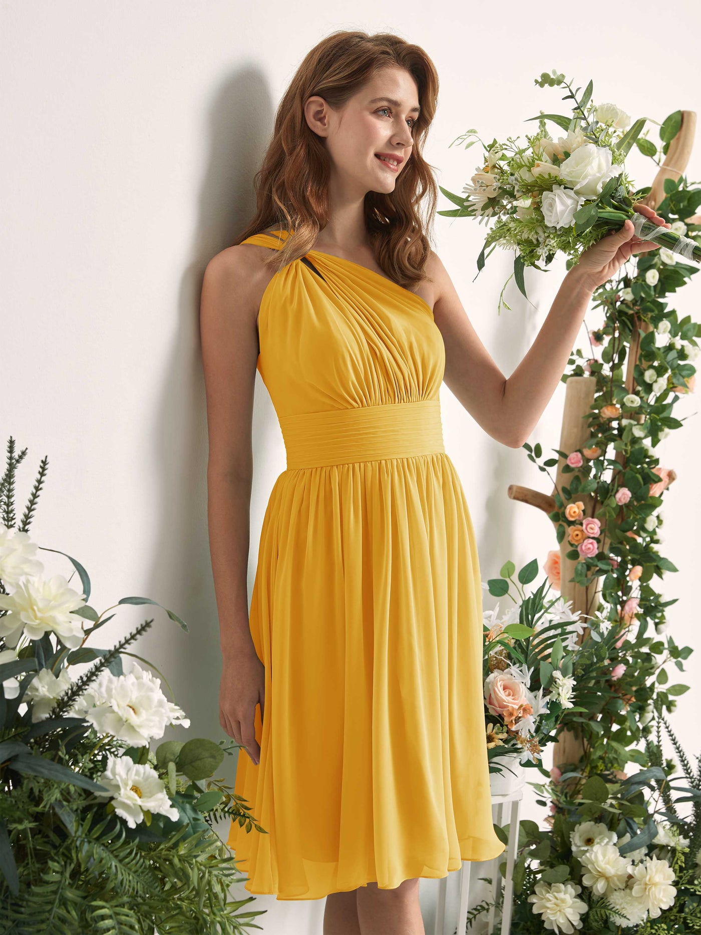 Bridesmaid Dress A-line Chiffon One Shoulder Knee Length Sleeveless Wedding Party Dress - Mustard Yellow (81221233)#color_mustard-yellow