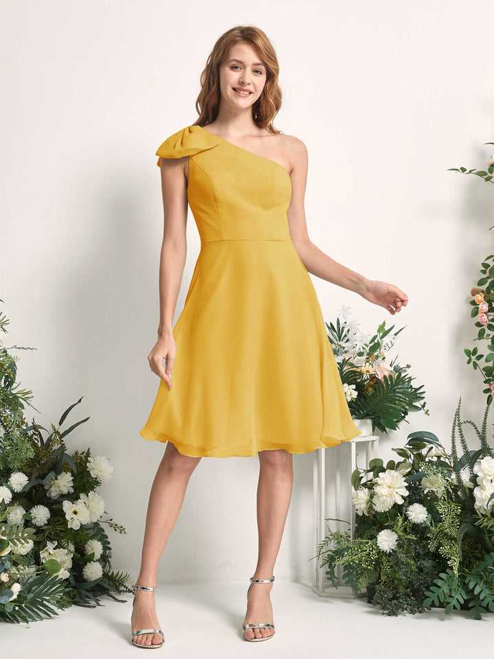 Bridesmaid Dress A-line Chiffon One Shoulder Knee Length Sleeveless Wedding Party Dress - Mustard Yellow (81227033)