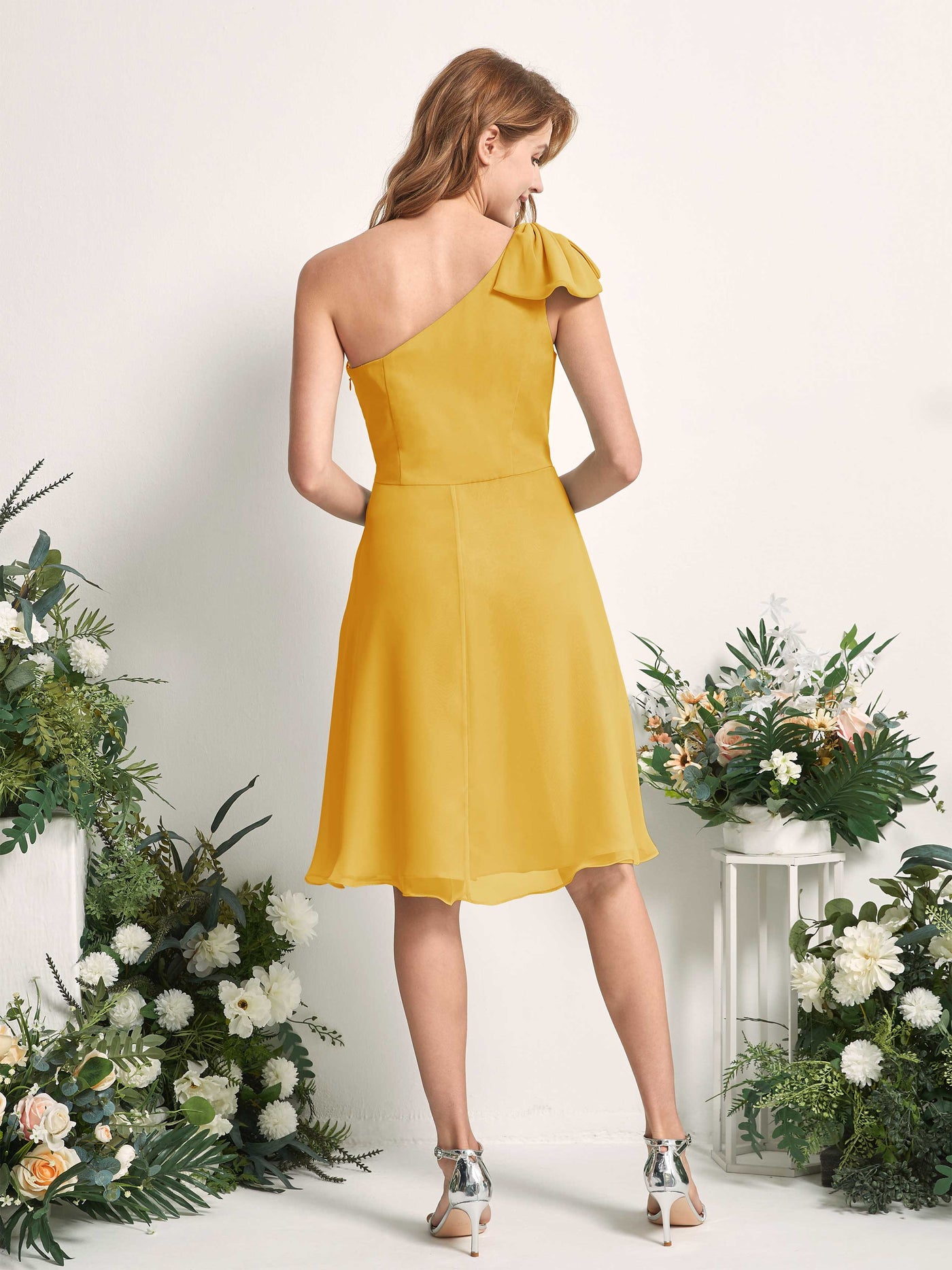 Bridesmaid Dress A-line Chiffon One Shoulder Knee Length Sleeveless Wedding Party Dress - Mustard Yellow (81227033)#color_mustard-yellow