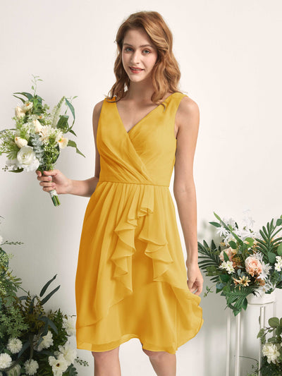Carlyna Alisha A-Line Mustard Yellow Bridesmaid Dress Knee-Length Sleeveless V-Neck Dress Side View 2 #color_mustard-yellow