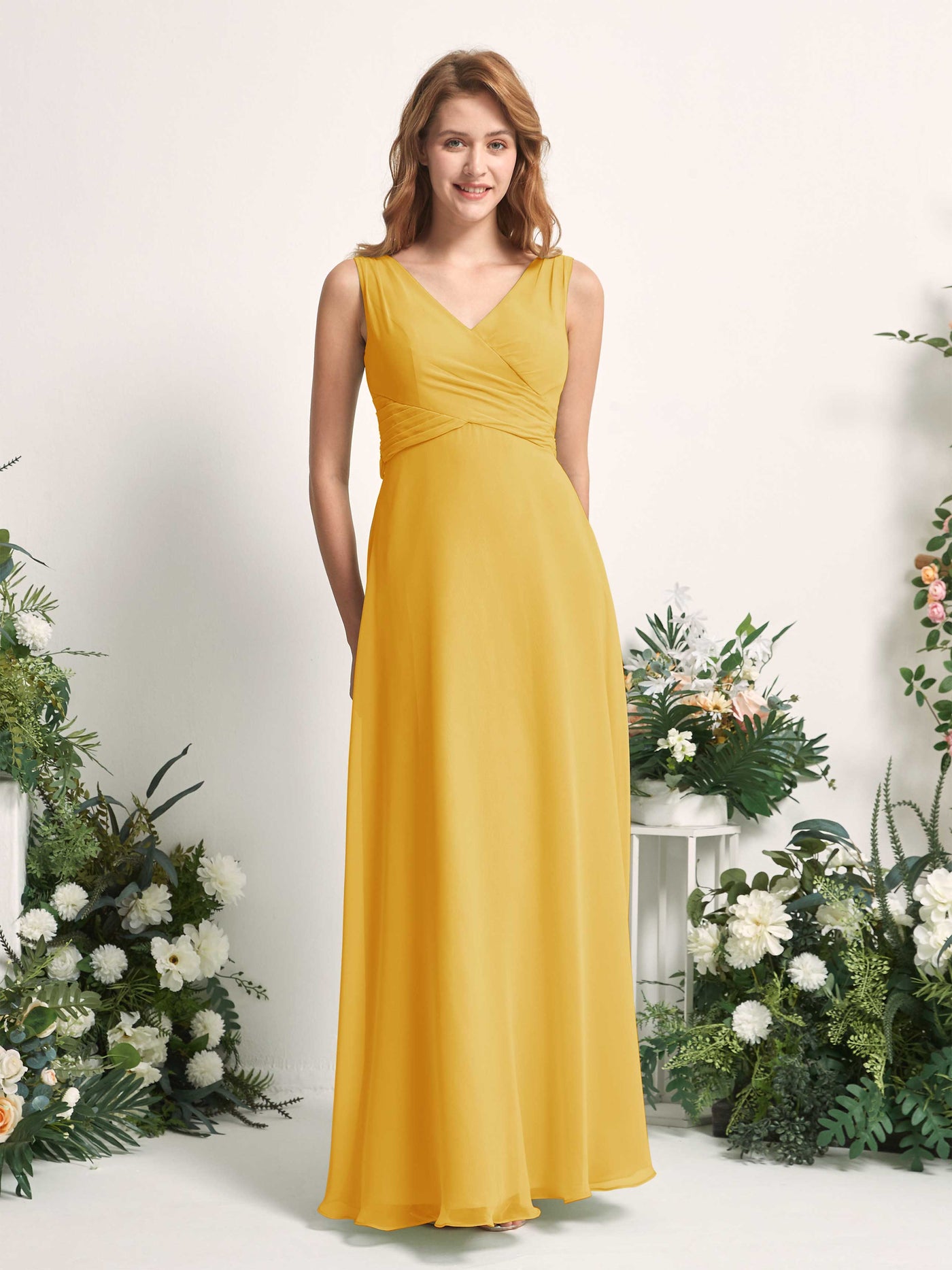 Bridesmaid Dress A-line Chiffon Straps Full Length Sleeveless Wedding Party Dress - Mustard Yellow (81227333)#color_mustard-yellow