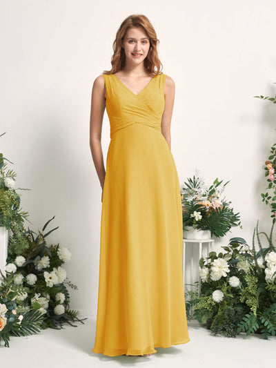 Carlyna June A-Line Mustard Yellow Bridesmaid Dress Maxi Sleeveless V-Neck Dress Front View #color_mustard-yellow