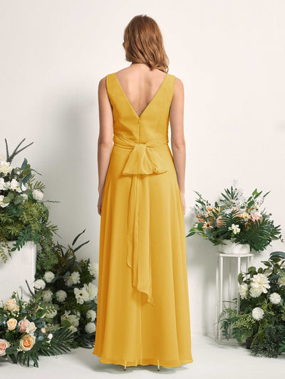 Carlyna June A-Line Mustard Yellow Bridesmaid Dress Maxi Sleeveless V-Neck Dress Back View #color_mustard-yellow