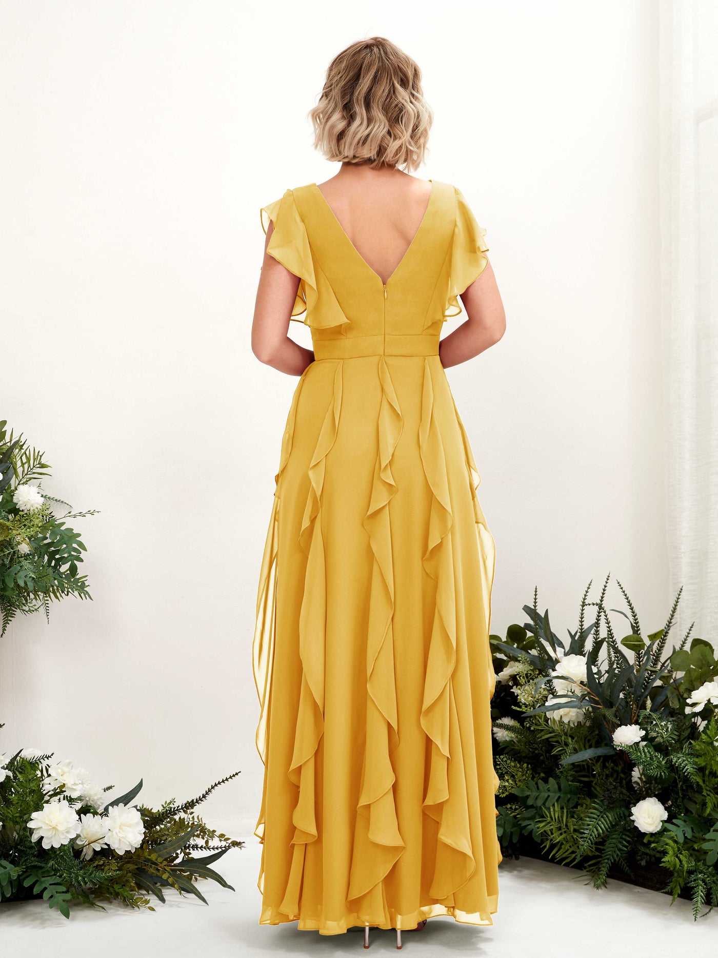 A-line Open back V-neck Short Sleeves Chiffon Bridesmaid Dress - Mustard Yellow (81226033)#color_mustard-yellow
