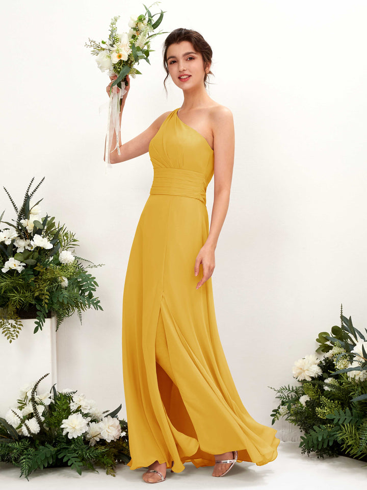 Mustard Yellow Bridesmaid Dresses Bridesmaid Dress A-line Chiffon One Shoulder Full Length Sleeveless Wedding Party Dress (81224733)
