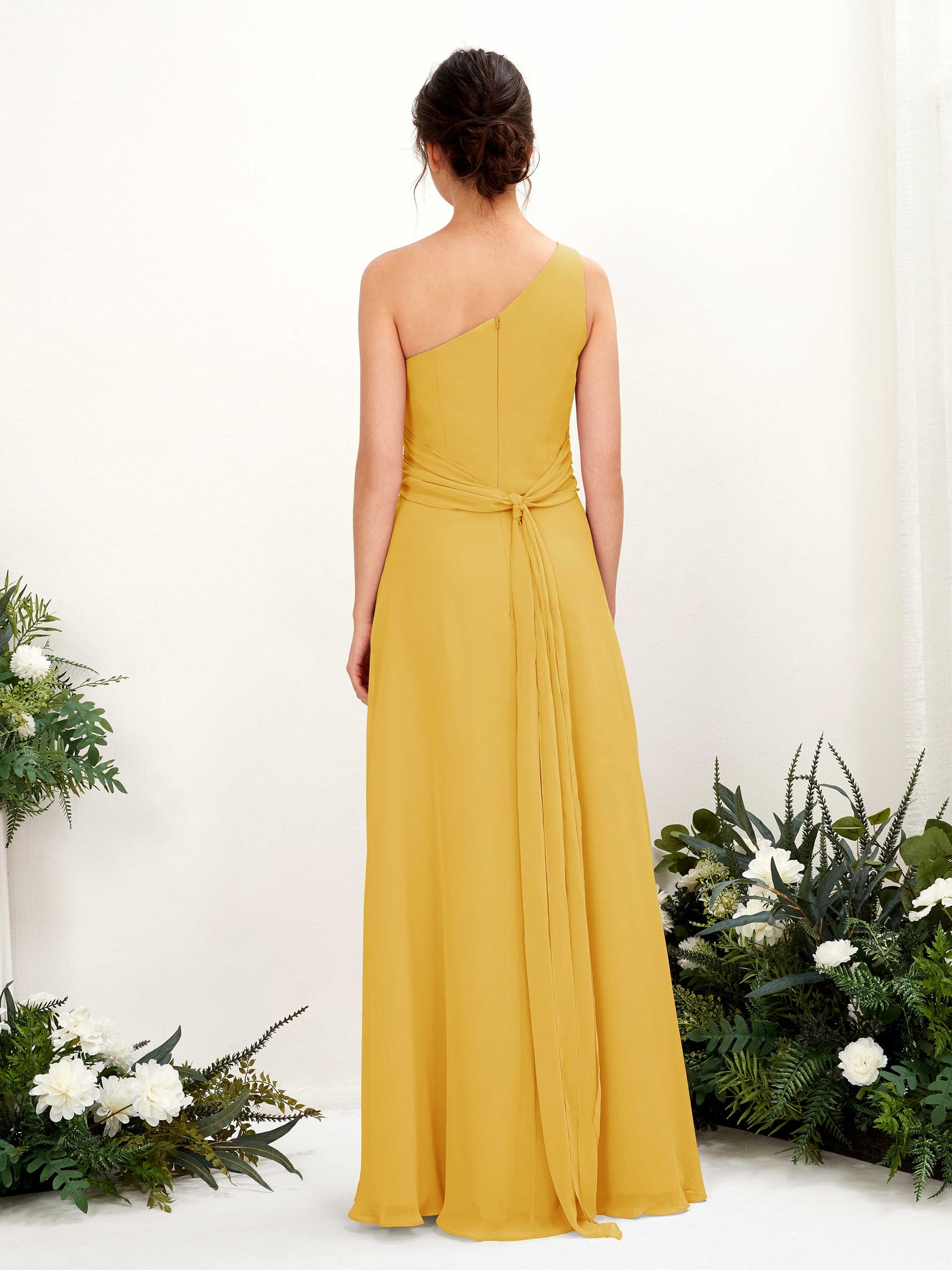 Mustard Yellow Bridesmaid Dresses Bridesmaid Dress A-line Chiffon One Shoulder Full Length Sleeveless Wedding Party Dress (81224733)#color_mustard-yellow