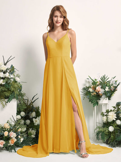 Carlyna Marcia A-Line Mustard Yellow Bridesmaid Dress Maxi Sleeveless V-Neck Dress Front View #color_mustard-yellow