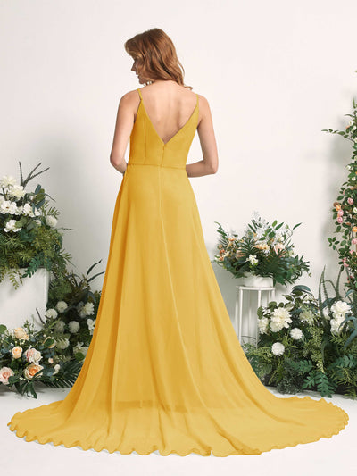 Carlyna Marcia A-Line Mustard Yellow Bridesmaid Dress Maxi Sleeveless V-Neck Dress Back View #color_mustard-yellow