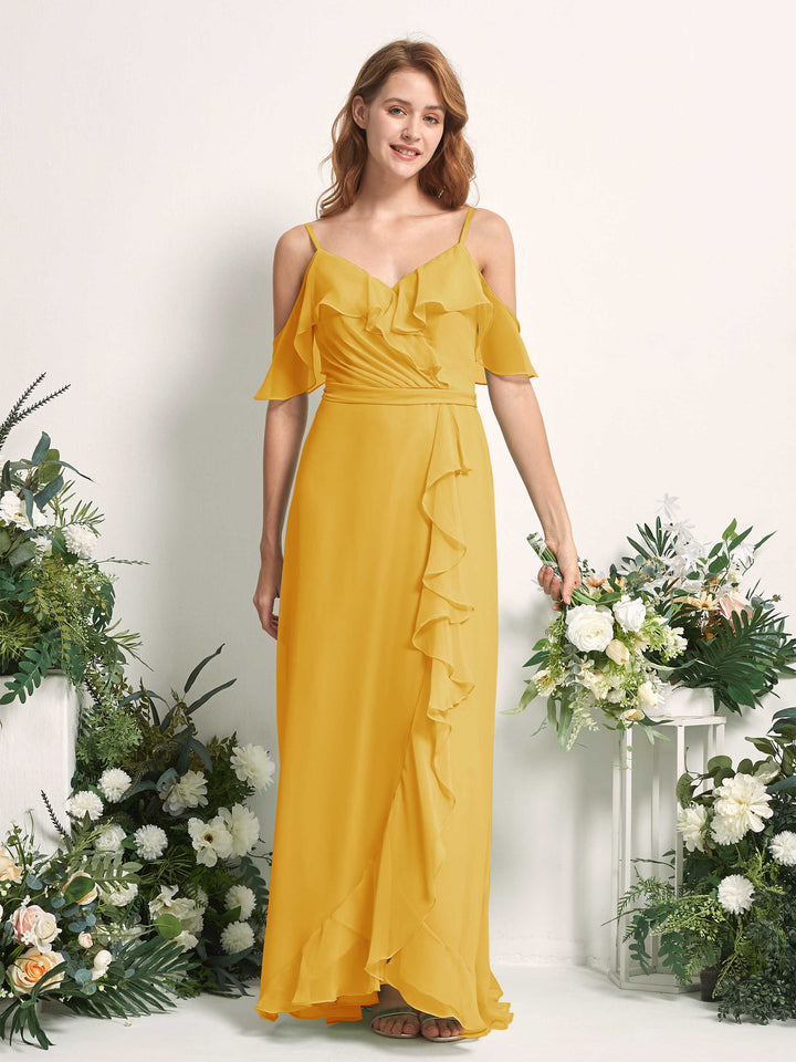 Bridesmaid Dress A-line Chiffon Spaghetti-straps Full Length Sleeveless Wedding Party Dress - Mustard Yellow (81227433)