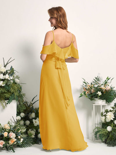 Carlyna Yvette A-Line Mustard Yellow Bridesmaid Dress Maxi Sleeveless V-Neck Dress Back View #color_mustard-yellow