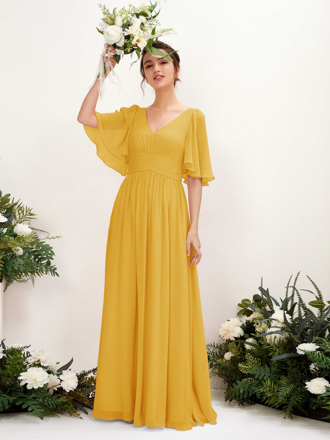 Mustard Yellow Bridesmaid Dresses Bridesmaid Dress A-line Chiffon V-neck Full Length 1/2 Sleeves Wedding Party Dress (81221633)#color_mustard-yellow