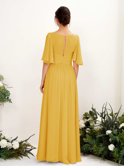 Carlyna Odette A-Line Mustard Yellow Bridesmaid Dress Maxi Short Sleeve V-Neck Dress Back View #color_mustard-yellow
