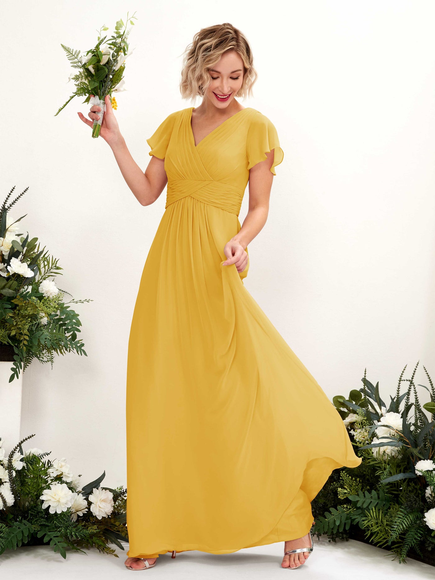 Mustard Yellow Bridesmaid Dresses Bridesmaid Dress A-line Chiffon V-neck Full Length Short Sleeves Wedding Party Dress (81224333)#color_mustard-yellow