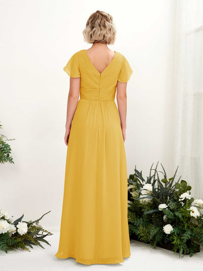Carlyna Tolly A-Line Mustard Yellow Bridesmaid Dress Maxi Cap Sleeve V-Neck Dress Back View #color_mustard-yellow