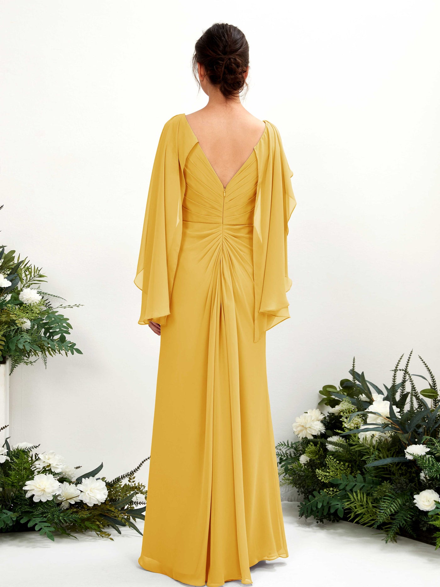 Mustard Yellow Bridesmaid Dresses Bridesmaid Dress A-line Chiffon Straps Full Length Long Sleeves Wedding Party Dress (80220133)#color_mustard-yellow