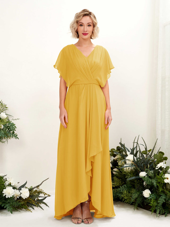 Mustard Yellow Bridesmaid Dresses Bridesmaid Dress A-line Chiffon V-neck Full Length Short Sleeves Wedding Party Dress (81222133)