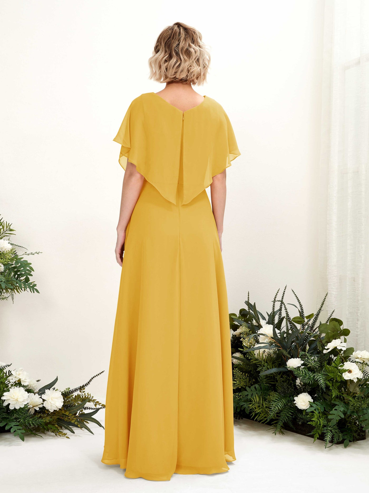 Mustard Yellow Bridesmaid Dresses Bridesmaid Dress A-line Chiffon V-neck Full Length Short Sleeves Wedding Party Dress (81222133)#color_mustard-yellow