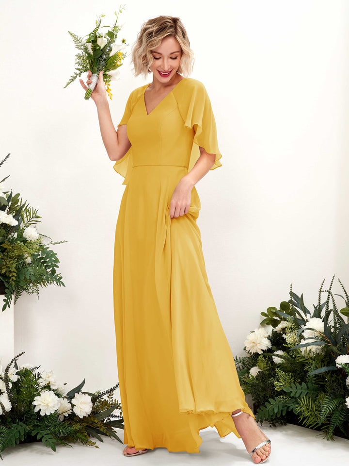 Mustard Yellow Bridesmaid Dresses Bridesmaid Dress A-line Chiffon V-neck Full Length Short Sleeves Wedding Party Dress (81224433)