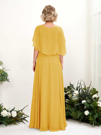 Carlyna Winnie A-Line Mustard Yellow Bridesmaid Dress Maxi Short Sleeve V-Neck Dress Back View #color_mustard-yellow