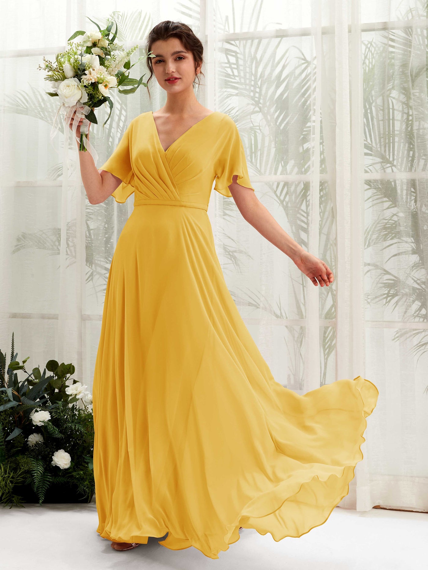 Mustard Yellow Bridesmaid Dresses Bridesmaid Dress A-line Chiffon V-neck Full Length Short Sleeves Wedding Party Dress (81224633)#color_mustard-yellow