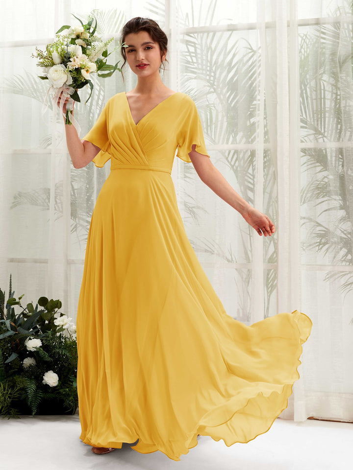 Mustard Yellow Bridesmaid Dresses Bridesmaid Dress A-line Chiffon V-neck Full Length Short Sleeves Wedding Party Dress (81224633)