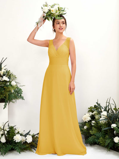 Carlyna Karen A-Line Mustard Yellow Bridesmaid Dress Maxi Sleeveless V-Neck Dress Front View #color_mustard-yellow