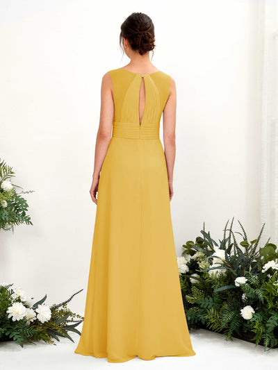 Carlyna Karen A-Line Mustard Yellow Bridesmaid Dress Maxi Sleeveless V-Neck Dress Back View #color_mustard-yellow