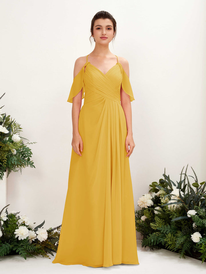 Ball Gown Off Shoulder Spaghetti-straps Chiffon Bridesmaid Dress - Mustard Yellow (81221733)