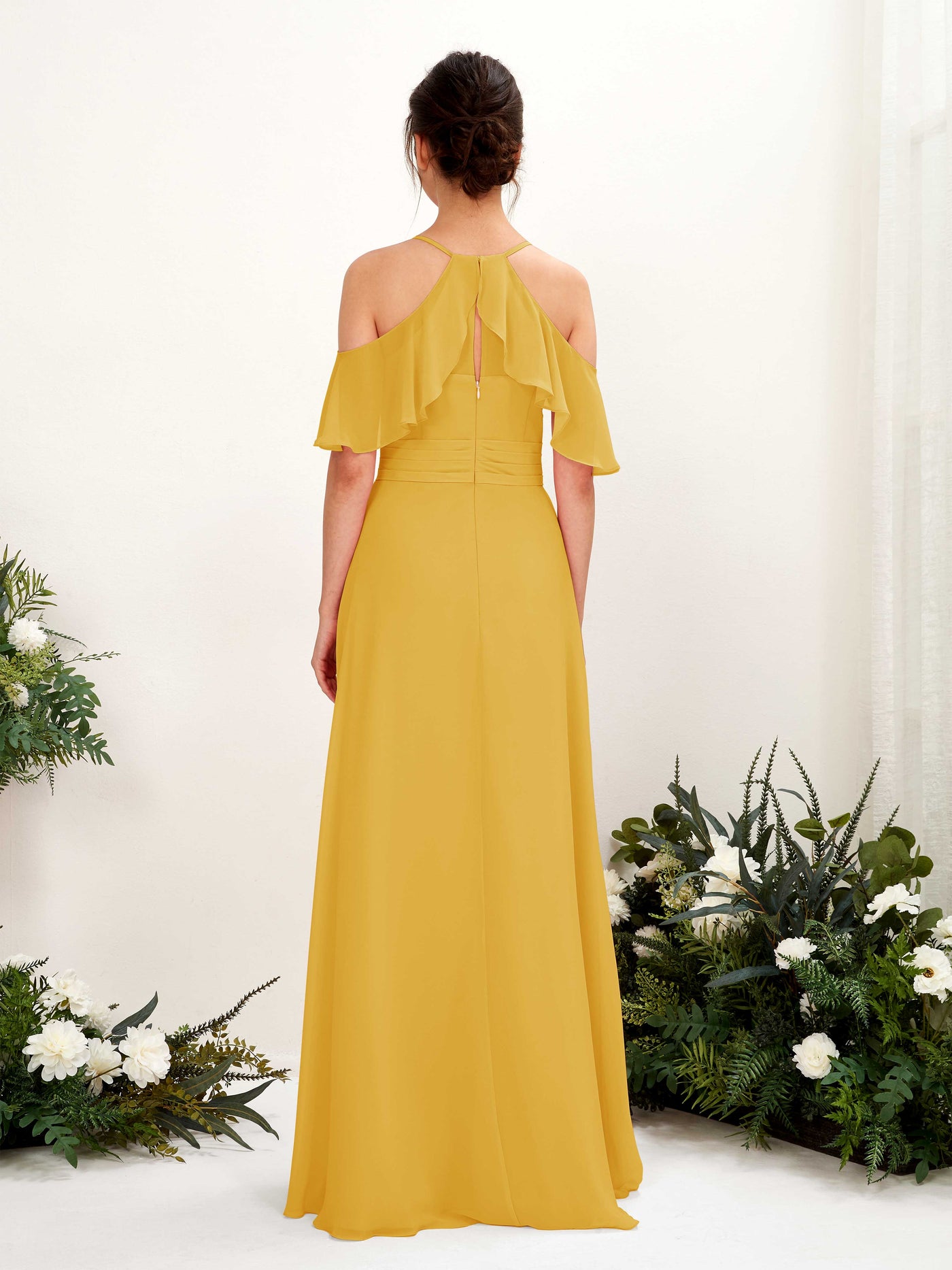 Ball Gown Off Shoulder Spaghetti-straps Chiffon Bridesmaid Dress - Mustard Yellow (81221733)#color_mustard-yellow