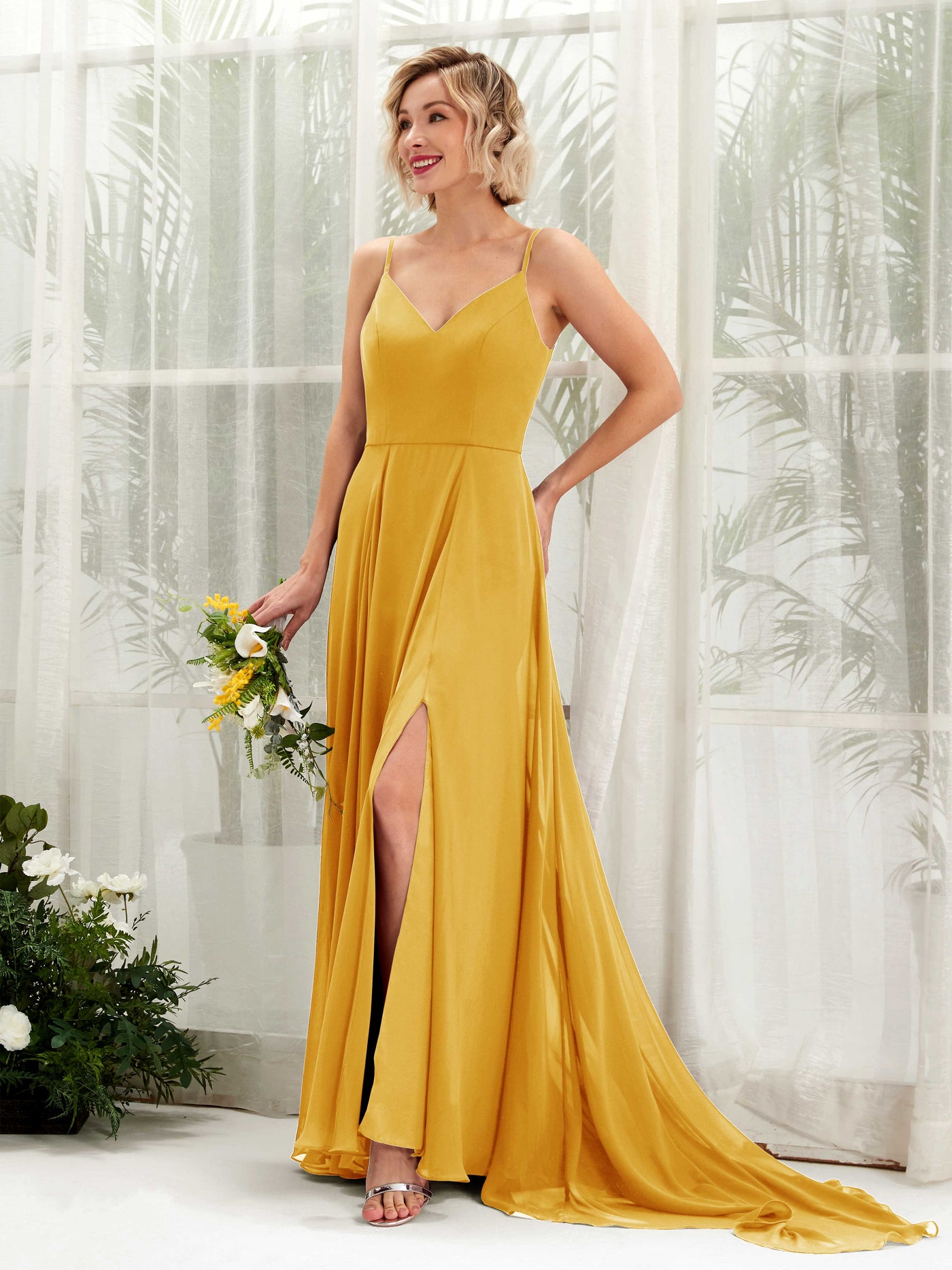 Mustard Yellow Bridesmaid Dresses Bridesmaid Dress A-line Chiffon V-neck Full Length Sleeveless Wedding Party Dress (81224133)#color_mustard-yellow