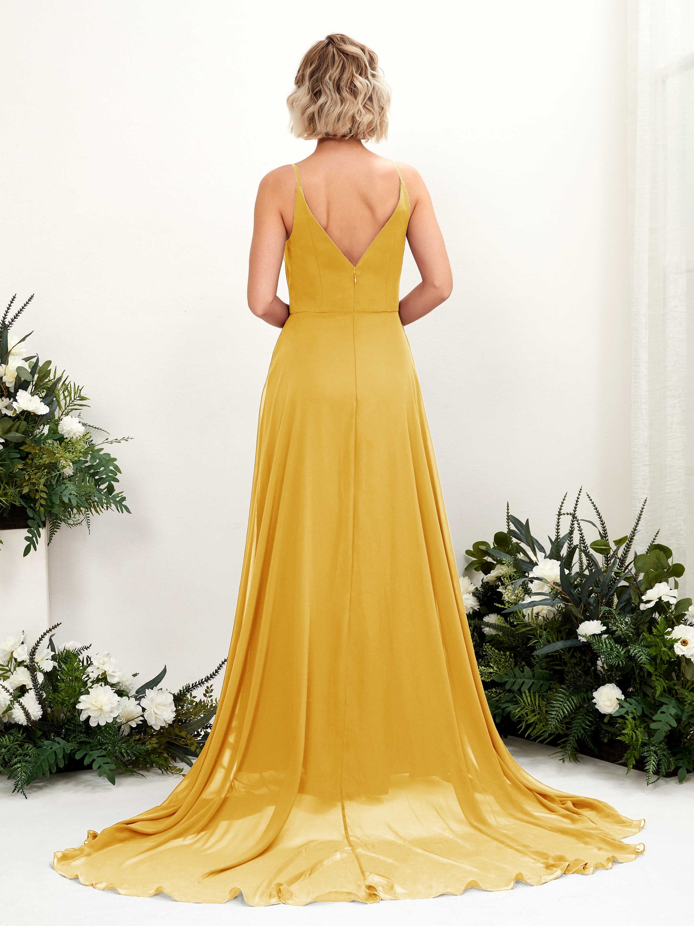 Mustard Yellow Bridesmaid Dresses Bridesmaid Dress A-line Chiffon V-neck Full Length Sleeveless Wedding Party Dress (81224133)#color_mustard-yellow