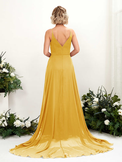 Carlyna Mana A-Line Mustard Yellow Bridesmaid Dress Maxi Sleeveless V-Neck Dress Back View #color_mustard-yellow