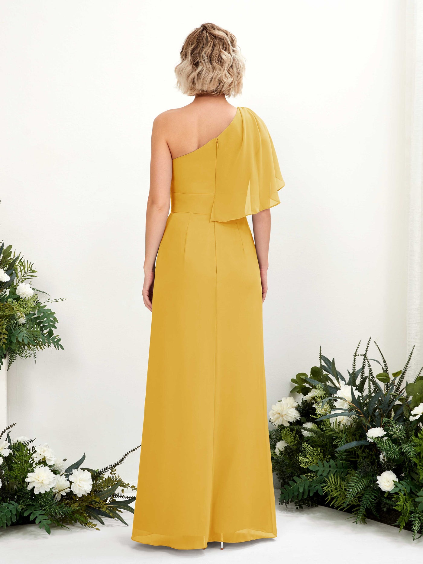 Mustard Yellow Bridesmaid Dresses Bridesmaid Dress Ball Gown Chiffon Full Length Short Sleeves Wedding Party Dress (81223733)#color_mustard-yellow