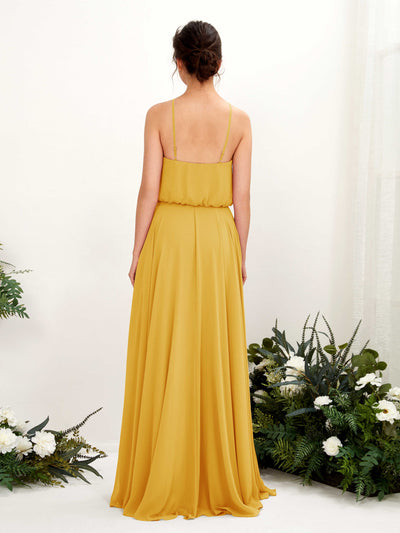 Carlyna Alva A-Line Mustard Yellow Bridesmaid Dress Maxi Sleeveless Halter Dress Back View #color_mustard-yellow