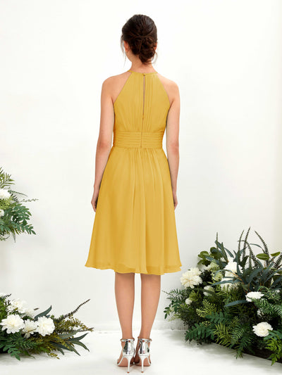 Carlyna Cathie A-Line Mustard Yellow Bridesmaid Dress Knee-Length Sleeveless Round Neck Dress Back View #color_mustard-yellow