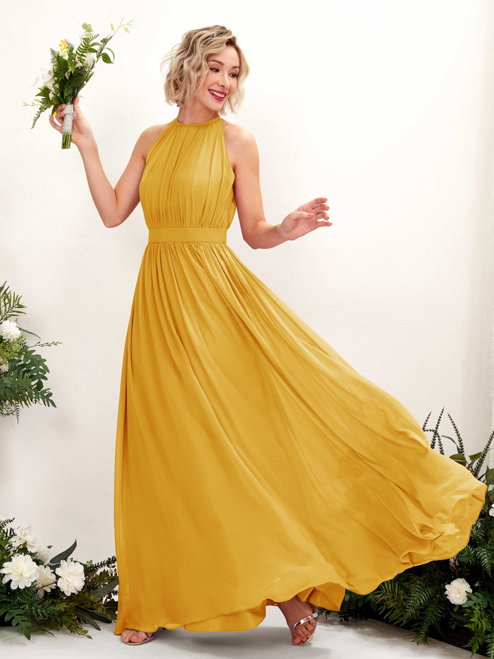 Mustard Yellow Bridesmaid Dresses Bridesmaid Dress A-line Chiffon Halter Full Length Sleeveless Wedding Party Dress (81223133)
