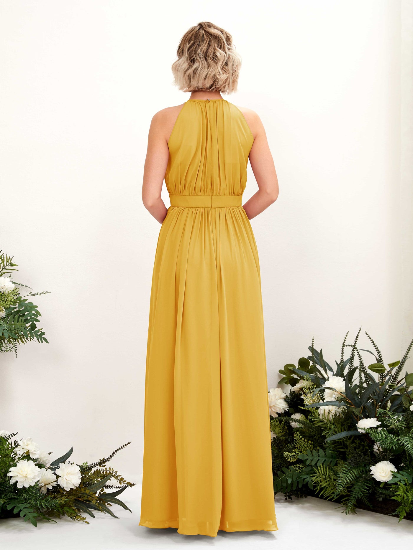 Mustard Yellow Bridesmaid Dresses Bridesmaid Dress A-line Chiffon Halter Full Length Sleeveless Wedding Party Dress (81223133)#color_mustard-yellow