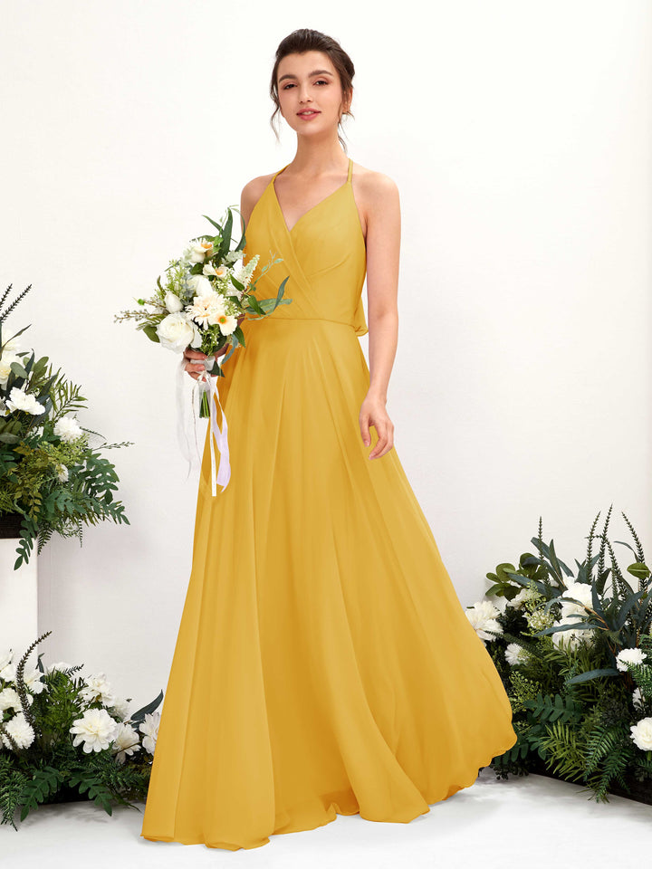 Halter V-neck Sleeveless Chiffon Bridesmaid Dress - Mustard Yellow (81221033)