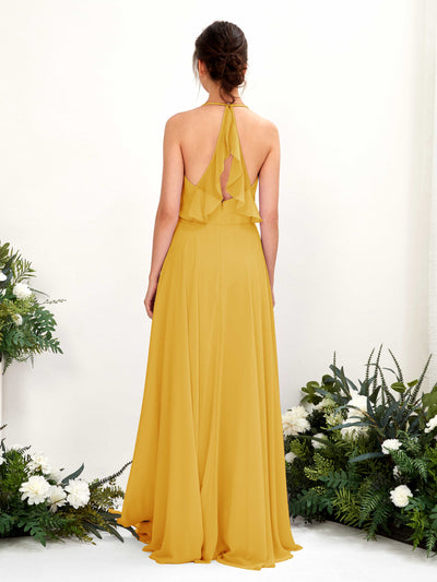 Carlyna Launo A-Line Mustard Yellow Bridesmaid Dress Maxi Sleeveless V-Neck Dress Back View #color_mustard-yellow