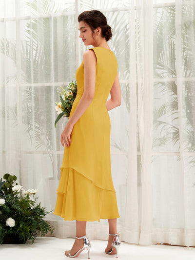 Carlyna Raina Mermaid Mustard Yellow Bridesmaid Dress Midi Sleeveless Round Neck Dress Back View #color_mustard-yellow
