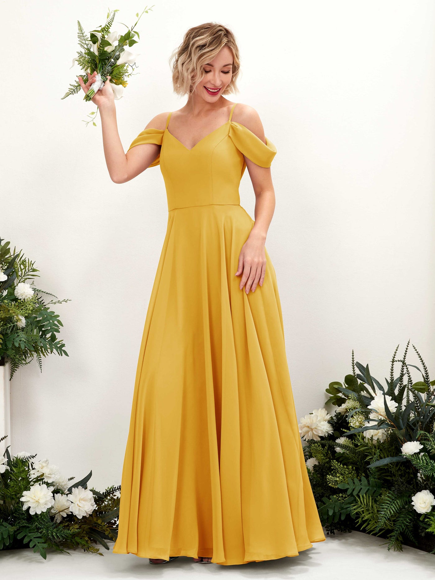 Mustard Yellow Bridesmaid Dresses Bridesmaid Dress A-line Chiffon Off Shoulder Full Length Sleeveless Wedding Party Dress (81224933)#color_mustard-yellow