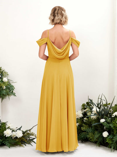 Carlyna Kauku A-Line Mustard Yellow Bridesmaid Dress Maxi Sleeveless V-Neck Dress Back View #color_mustard-yellow