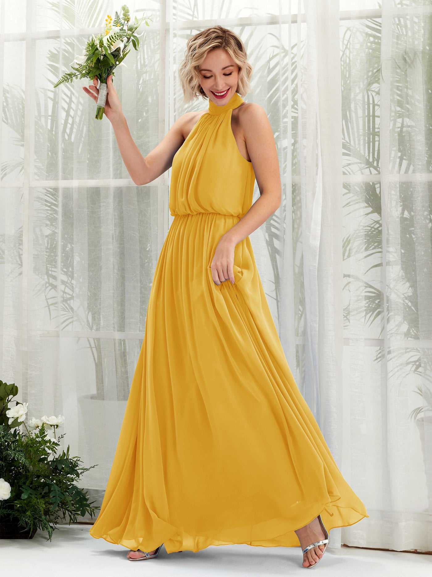 Mustard Yellow Bridesmaid Dresses Bridesmaid Dress A-line Chiffon Halter Full Length Sleeveless Wedding Party Dress (81222933)#color_mustard-yellow