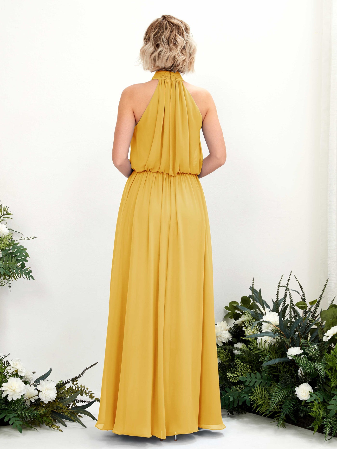 Mustard Yellow Bridesmaid Dresses Bridesmaid Dress A-line Chiffon Halter Full Length Sleeveless Wedding Party Dress (81222933)#color_mustard-yellow
