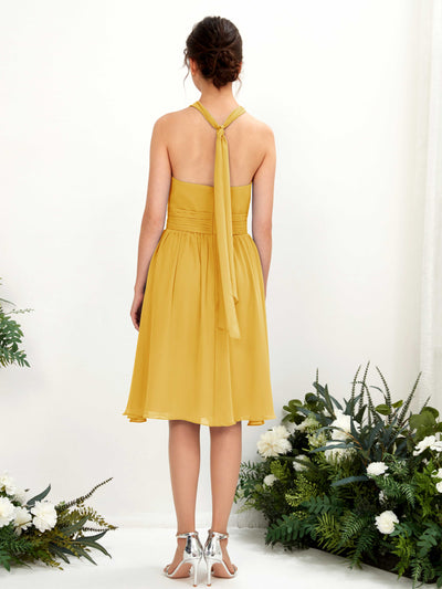 Carlyna Yvonne A-Line Mustard Yellow Bridesmaid Dress Knee-Length Sleeveless Round Neck Dress Back View #color_mustard-yellow