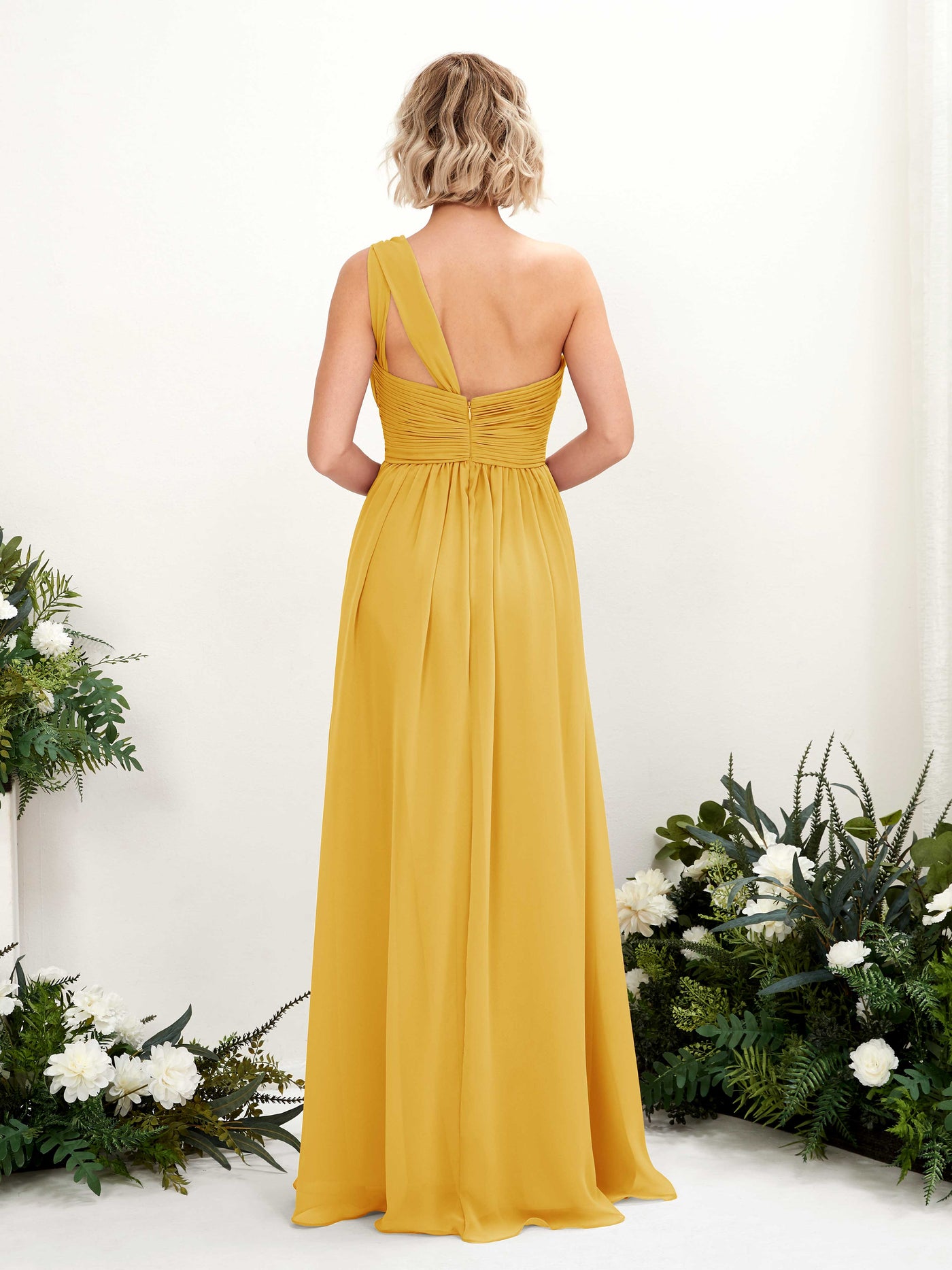 Mustard Yellow Bridesmaid Dresses Bridesmaid Dress Ball Gown Chiffon One Shoulder Full Length Sleeveless Wedding Party Dress (81225033)#color_mustard-yellow