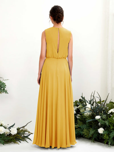 Carlyna Alma A-Line Mustard Yellow Bridesmaid Dress Maxi Sleeveless Round Neck Dress Back View #color_mustard-yellow